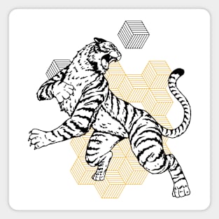 Retro Black & Gold Tiger on the Attack // Vintage Geometric Shapes Background Magnet